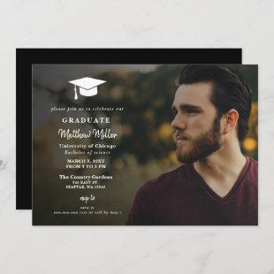 Simple White Grad Hat Classy Photo Graduation  Invitation