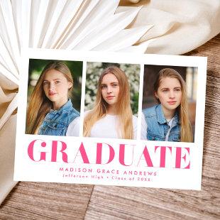 Simply Bold Hot Pink 3 Photo Graduation Announcement