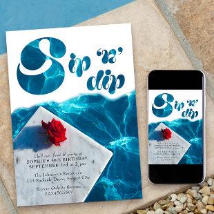 Sip n Dip Pool Party Groovy Typography Summer Invitation