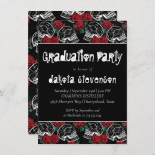 Skulls and Red Roses | Modern Glam Goth Graduation Invitation