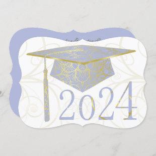 Sky Blue and Gold Floral Cap 2024 Graduation Party Invitation