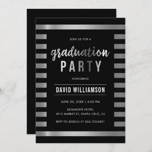 Sleek Black & Silver Stripes Graduation Party Invitation