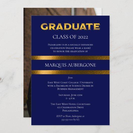 Sleek College | Univ Blue | Gold Graduation Party Invitation