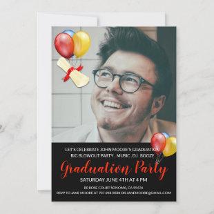Smiling Guy Photograph Balloons Graduation Party Invitation