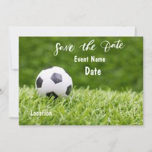 Soccer is on green grass  save the date party  invitation