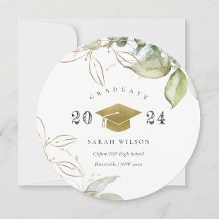 Soft Pastel Gold Green Foliage Graduation Cap Invitation