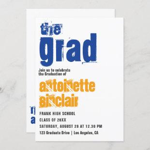 Sporty Blue and Orange Typography Grad Invitation