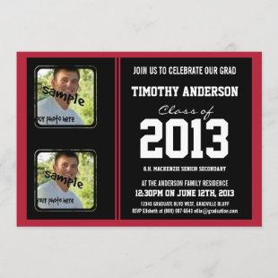 Sporty Boy Grad Black and Red TWO Photos Invitation