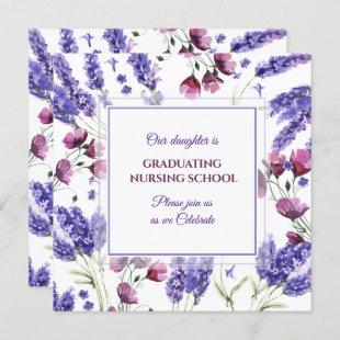 Square Purple Watercolor Flowers Graduation Invitation