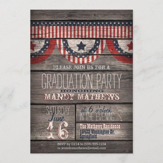 Stars & Stripes on Rustic Wood Graduation Party Invitation