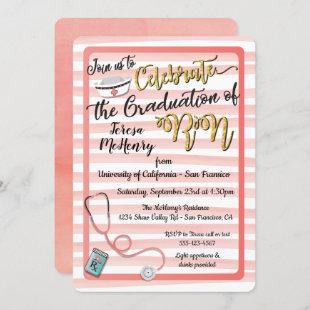 Striped Gold & Coral Nurse Graduation invitations