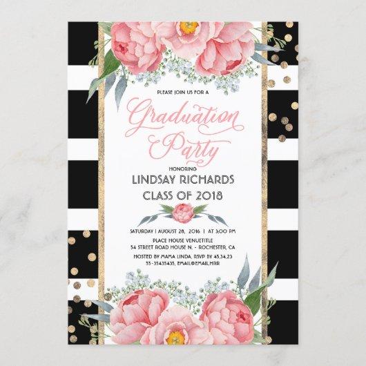 Stripes, Gold, and Pink Flowers Graduation Party Invitation