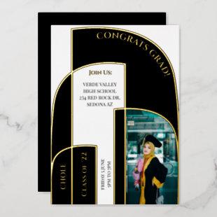 Stunning Modern Geometric Deco Graduation Photo Foil Invitation