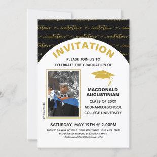 Stylish Black Gold Graduate Photo Invitation
