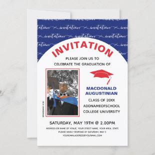 Stylish Blue Red Graduate Photo Invitation