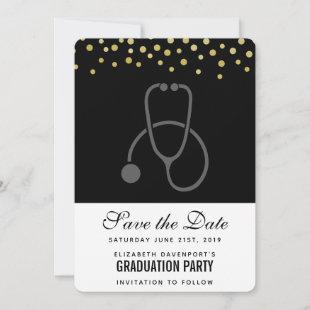 Stylish Graduation Party Gray on Black Stethoscope Save The Date
