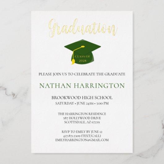 Stylish Modern Graduation Photo Green Gold Foil Invitation