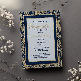 Stylish navy blue gold glitter floral Graduation Invitation