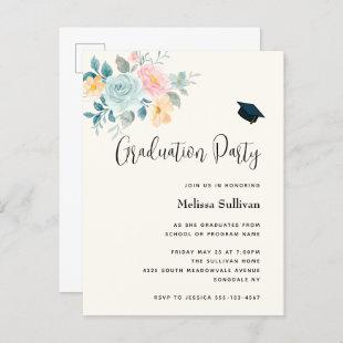 Stylish Pink & Blue Flower Bouquet Graduation Invitation Postcard