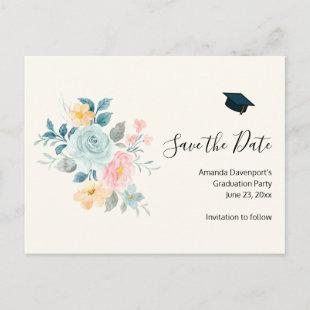 Stylish Pink & Blue Flowers - Grad Save the Date Invitation Postcard