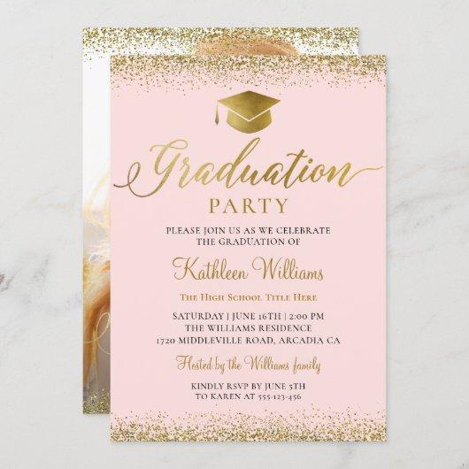 Stylish Pink Gold Glitter Photo Graduation Party Invitation