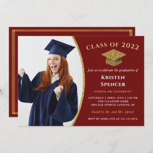Stylish Red Gold Graduate Photo Graduation Invitation