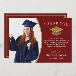 Stylish Red Gold Graduate Photo Graduation Thank You Card
