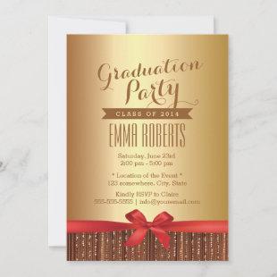 Stylish Red Ribbon Gold Foil Graduation Party Invitation