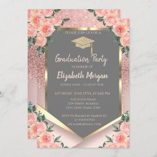 Stylish Rose Gold Glitter Floral Graduation Invitation