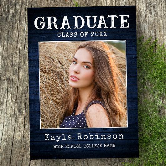 Stylish Rustic Country Blue Wood Photo Graduation Announcement