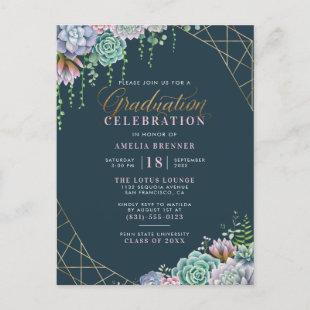 Succulents & Gold Glitter Script Graduation Party Invitation Postcard