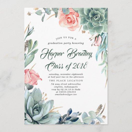 Succulents Greenery and Pink Rose Graduation Party Invitation