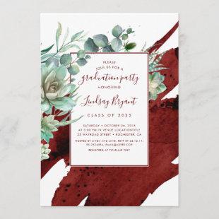 Succulents Greenery Burgundy Red Graduation Party Invitation