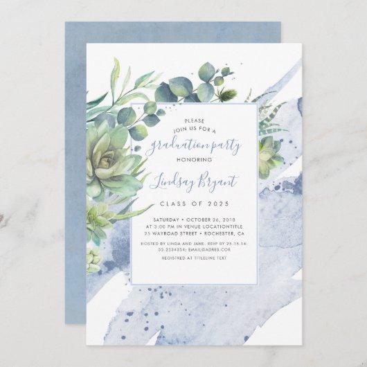 Succulents Greenery Dusty Blue Graduation Party Invitation