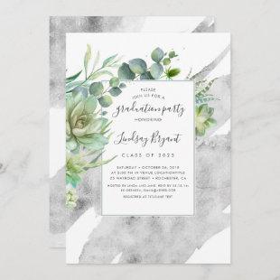 Succulents Greenery Silver Foil Graduation Invitation