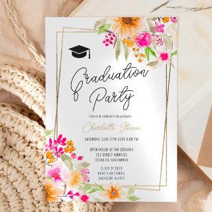 Summer garden floral gold script graduation invitation