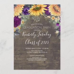 Sunflower and Purple Rose Rustic Graduation Invitation
