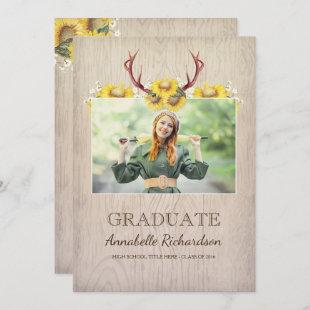 Sunflower Antlers Rustic Photo Graduation Invitation