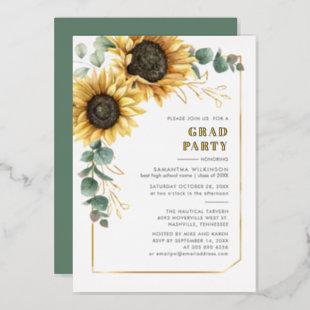Sunflower Eucalyptus Grad Graduation Party Gold Foil Invitation
