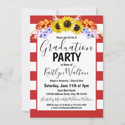 Sunflower Red Stripe Graduation Party Invitation