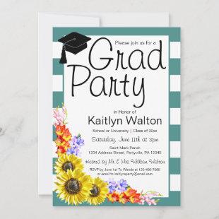 Sunflower Teal Stripes Graduation Party Invitation