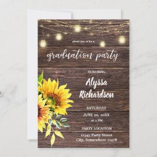Sunflower Wood & String Lights Graduation Party Invitation