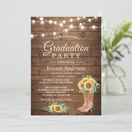 Sunflowers Boots String Lights Graduation Party Invitation