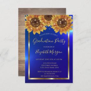 Sunflowers,Lights, Wood,Confetti Blue Graduation Invitation