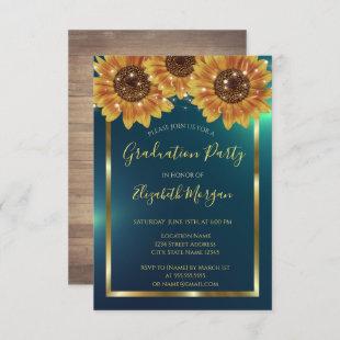 Sunflowers,Lights, Wood,Confetti Green Graduation Invitation
