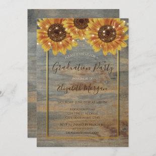 Sunflowers,Lights, Wood,Gold Frame Graduation  Invitation