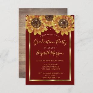 Sunflowers,Lights, Wood, Red Graduation Party  Invitation