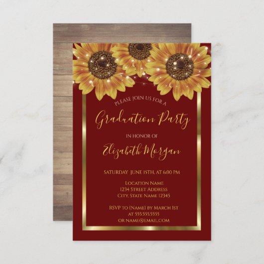 Sunflowers,Lights, Wood, Red Graduation Party  Invitation