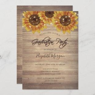 Sunflowers,Lights, Wood Texture Graduation Party Invitation