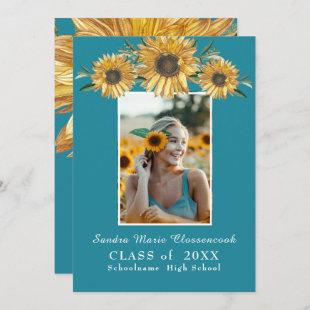 Sunflowers photo Blue  Modern rustic graduation  Announcement